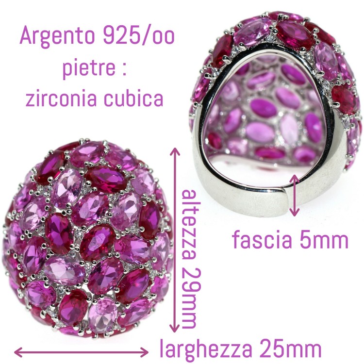 NALBORI|anello tutto argento 925 zirconi rosa rubino ovale regolabile donna